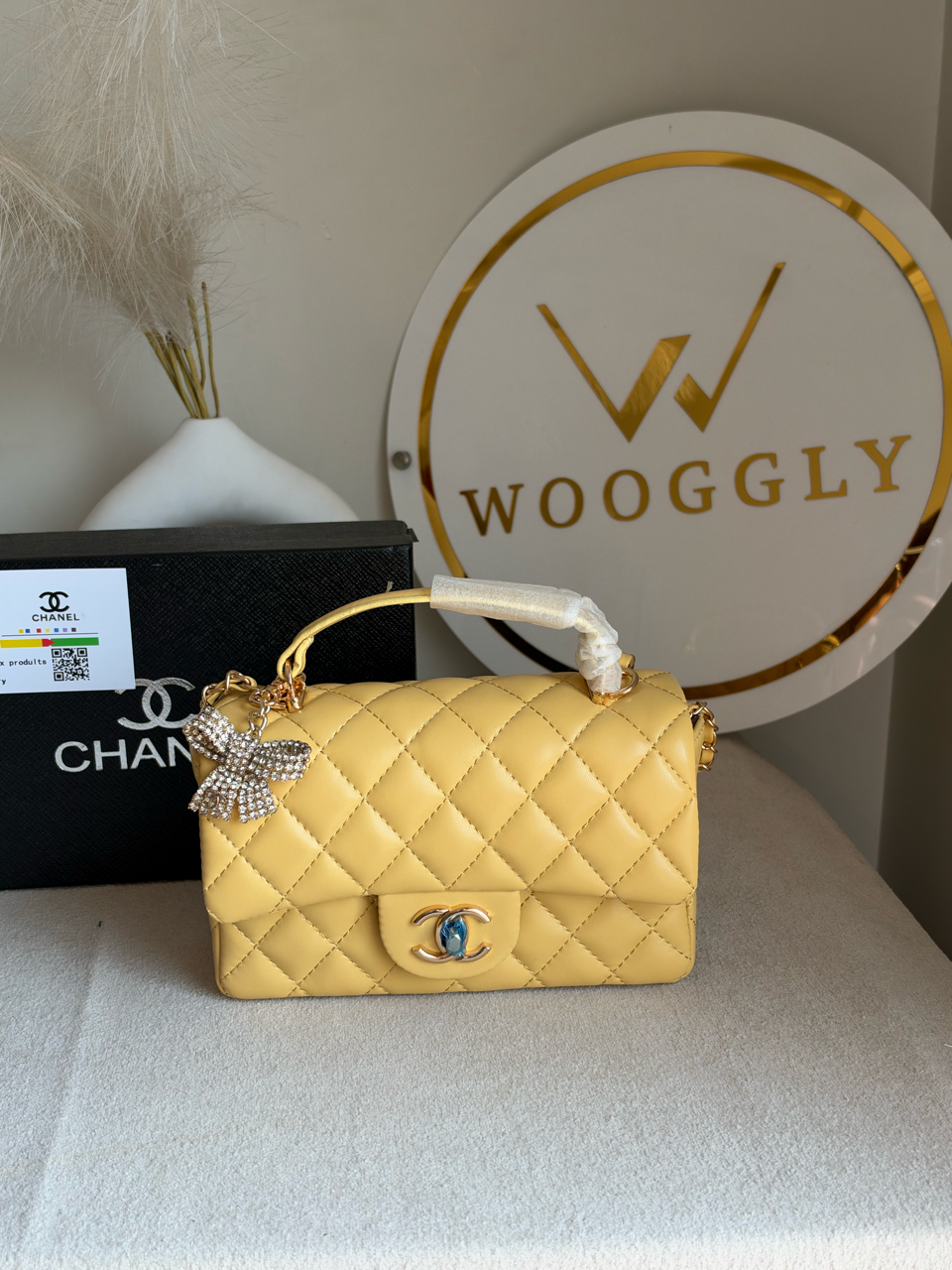 Daily Muse Quilted Crossbody Bag with Bow Charm & Box Packing - Butter Yellow