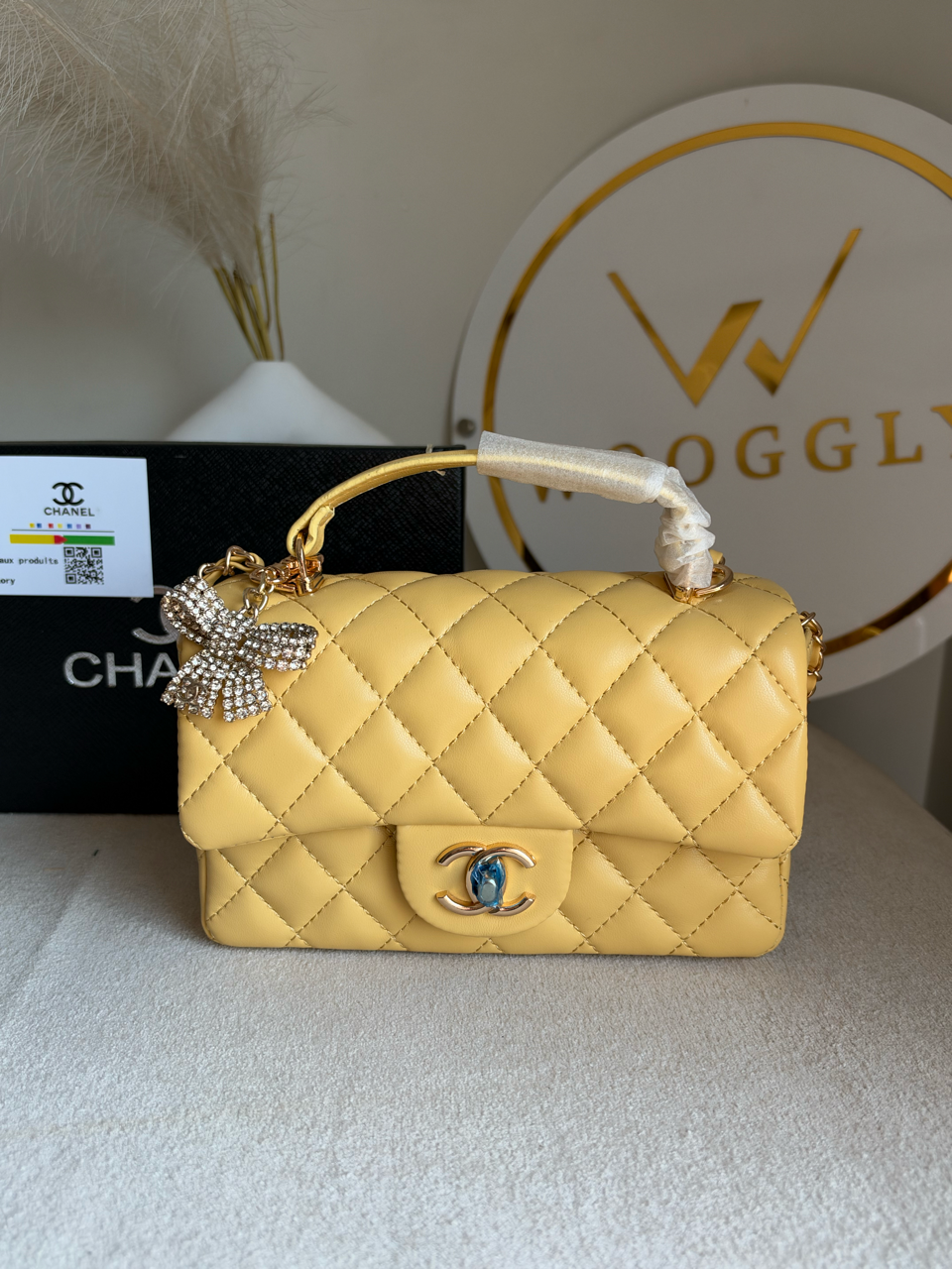 Daily Muse Quilted Crossbody Bag with Bow Charm & Box Packing - Butter Yellow