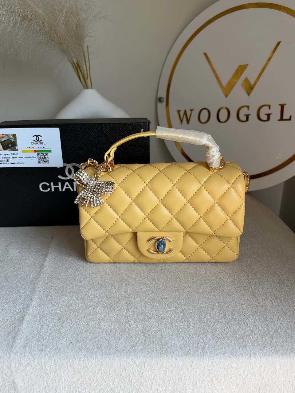 Daily Muse Quilted Crossbody Bag with Bow Charm & Box Packing - Butter Yellow