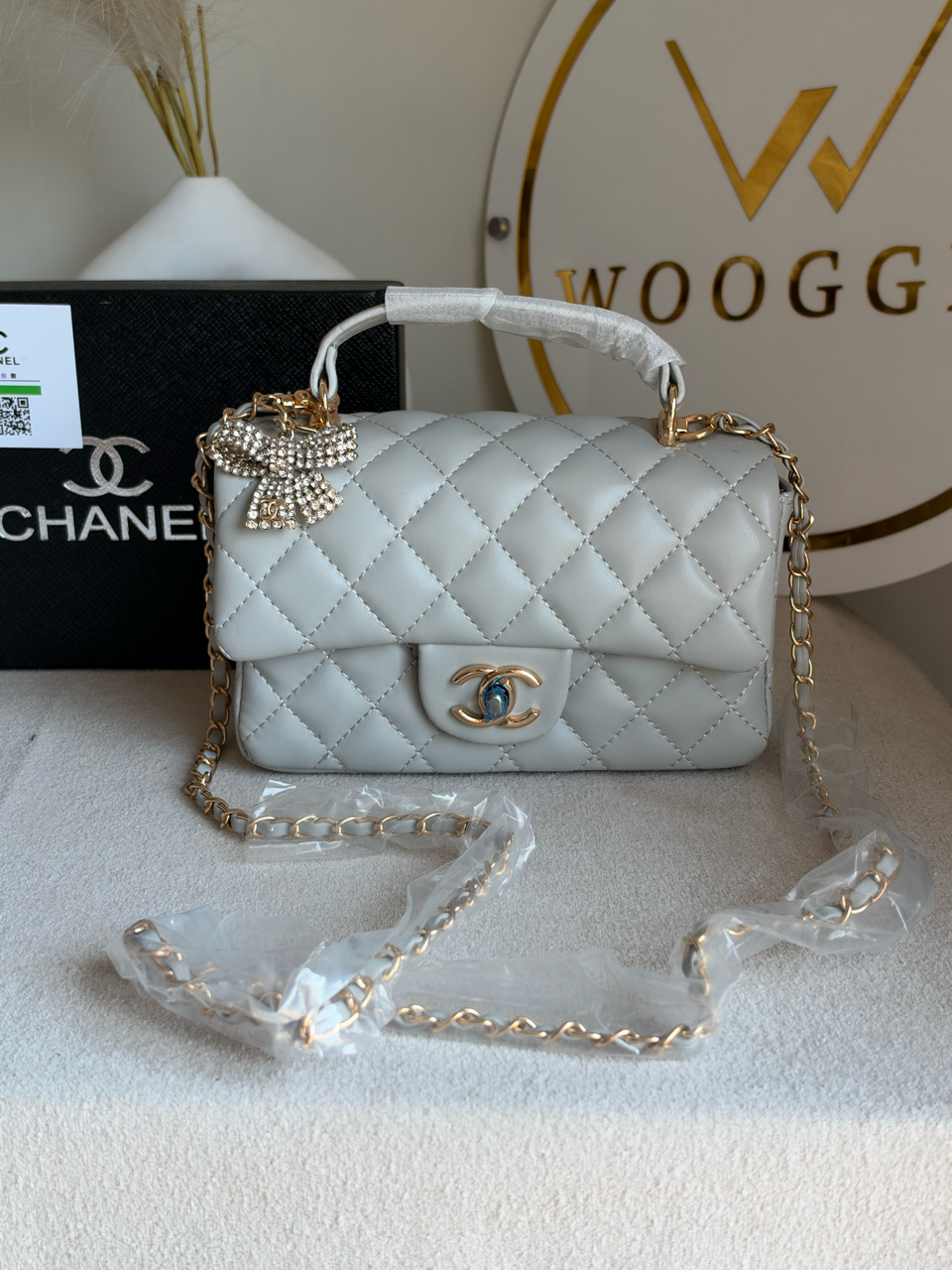 Daily Muse Quilted Crossbody Bag with Bow Charm & Box Packing - Grey