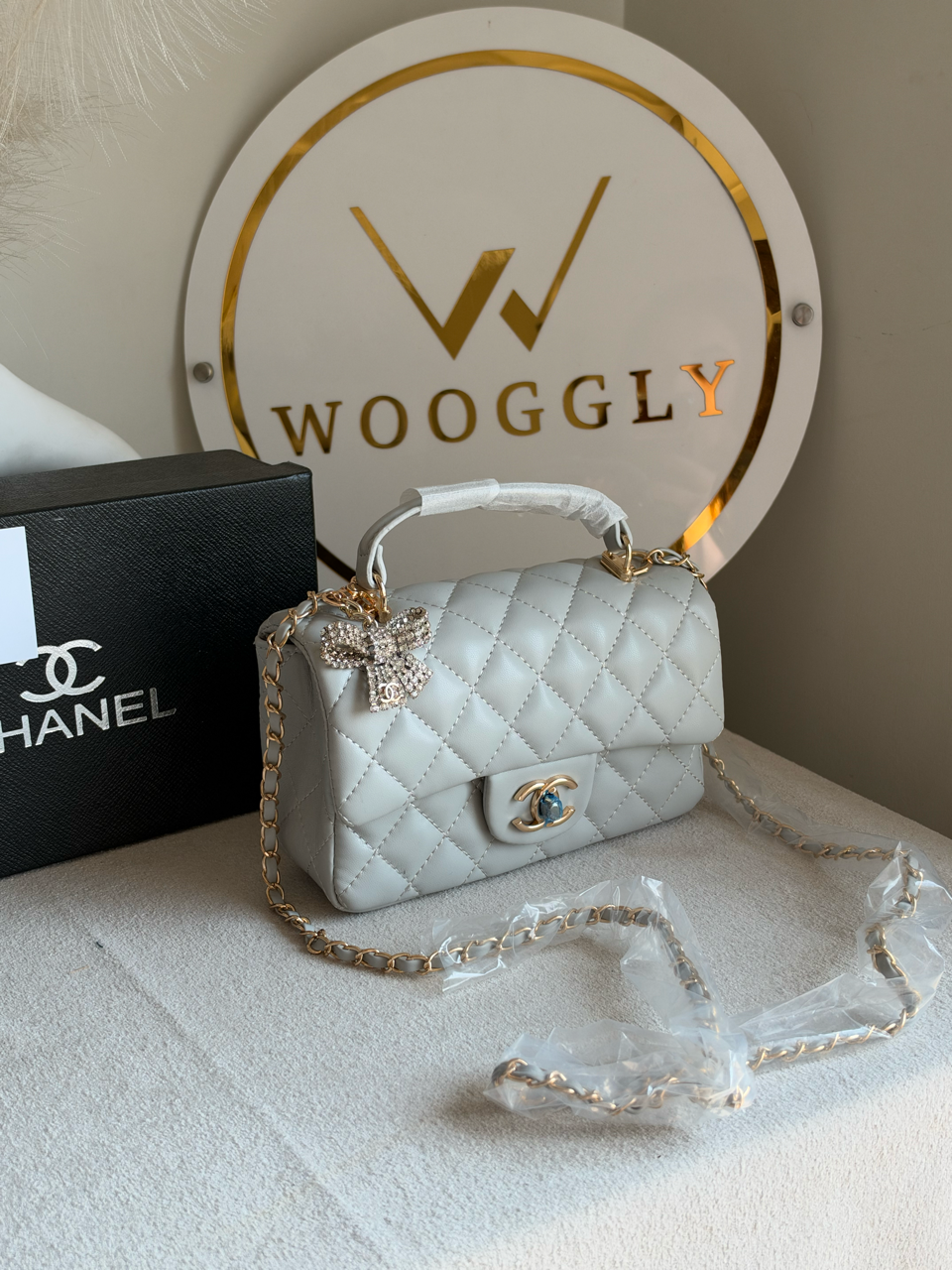 Daily Muse Quilted Crossbody Bag with Bow Charm & Box Packing - Grey