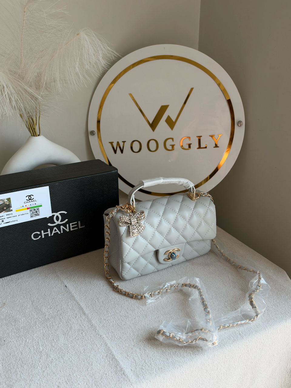 Daily Muse Quilted Crossbody Bag with Bow Charm & Box Packing - Grey