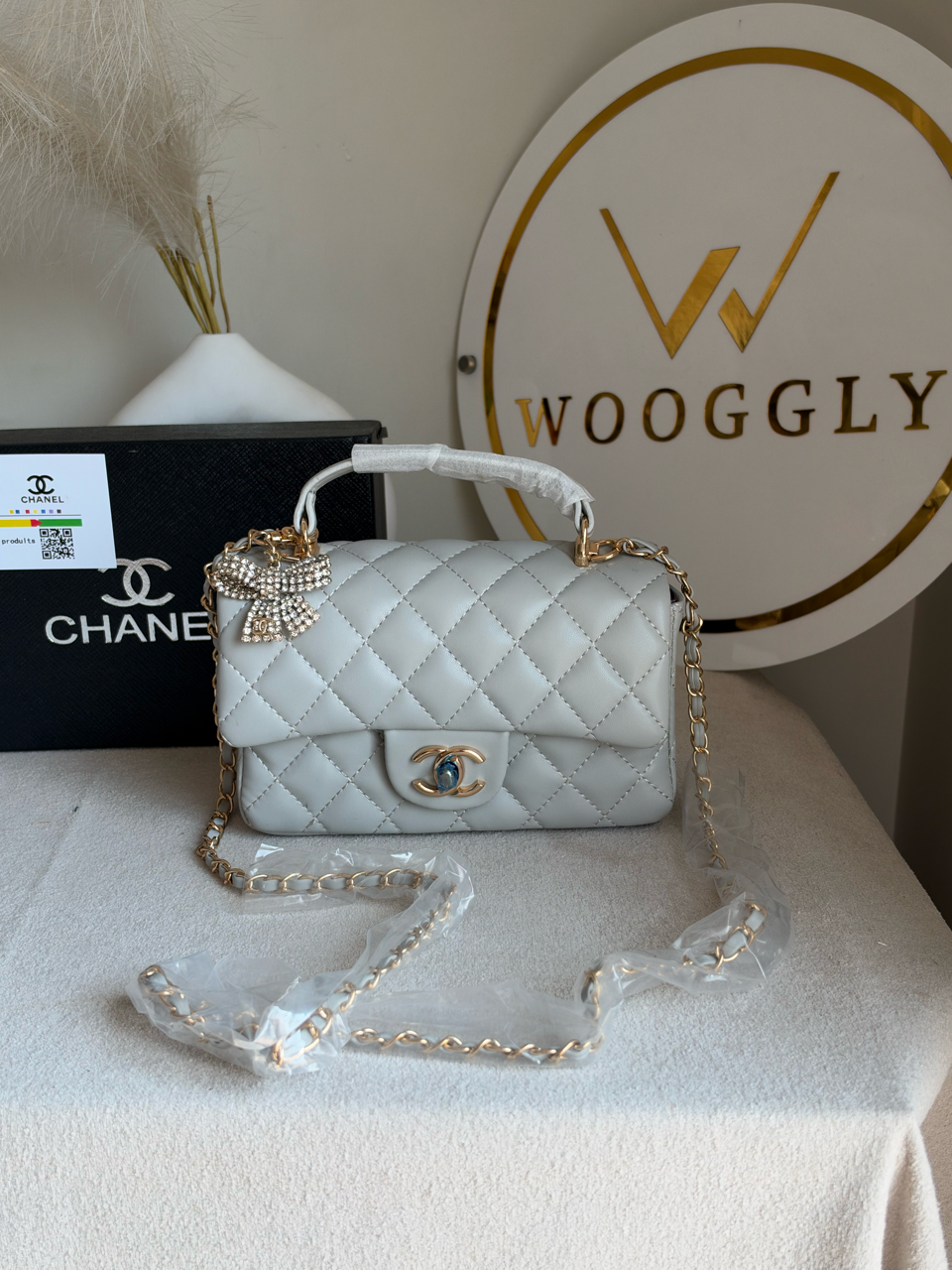 Daily Muse Quilted Crossbody Bag with Bow Charm & Box Packing - Grey
