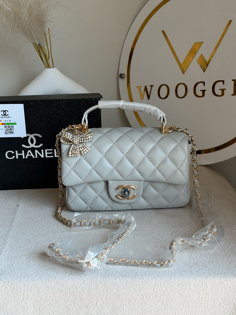 Daily Muse Quilted Crossbody Bag with Bow Charm & Box Packing - Grey