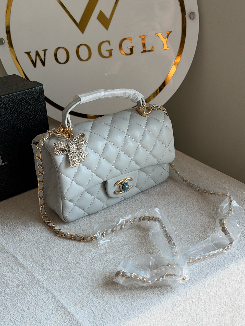 Daily Muse Quilted Crossbody Bag with Bow Charm & Box Packing - Grey