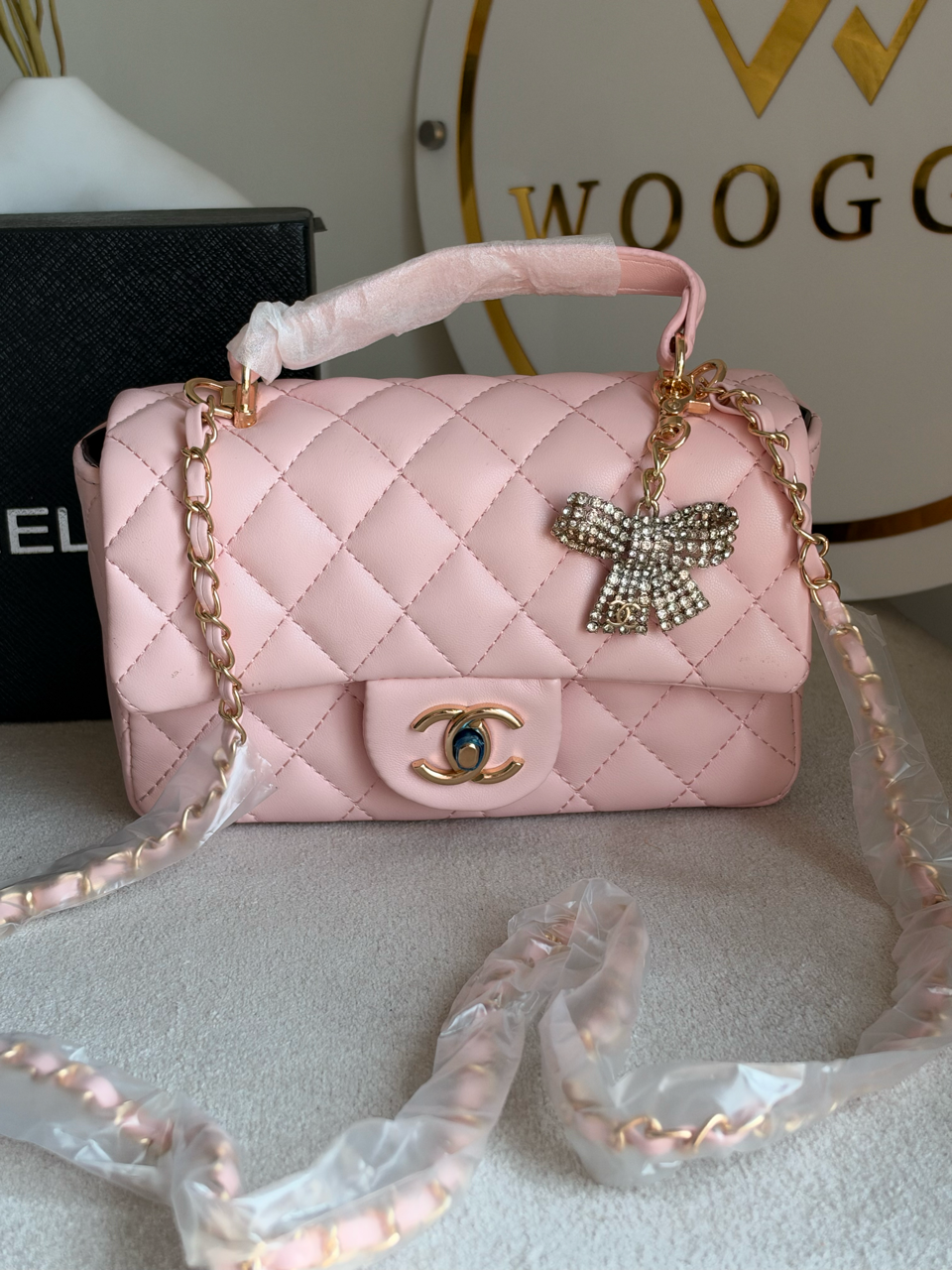 Daily Muse Quilted Crossbody Bag with Bow Charm with Box Packing - Pink