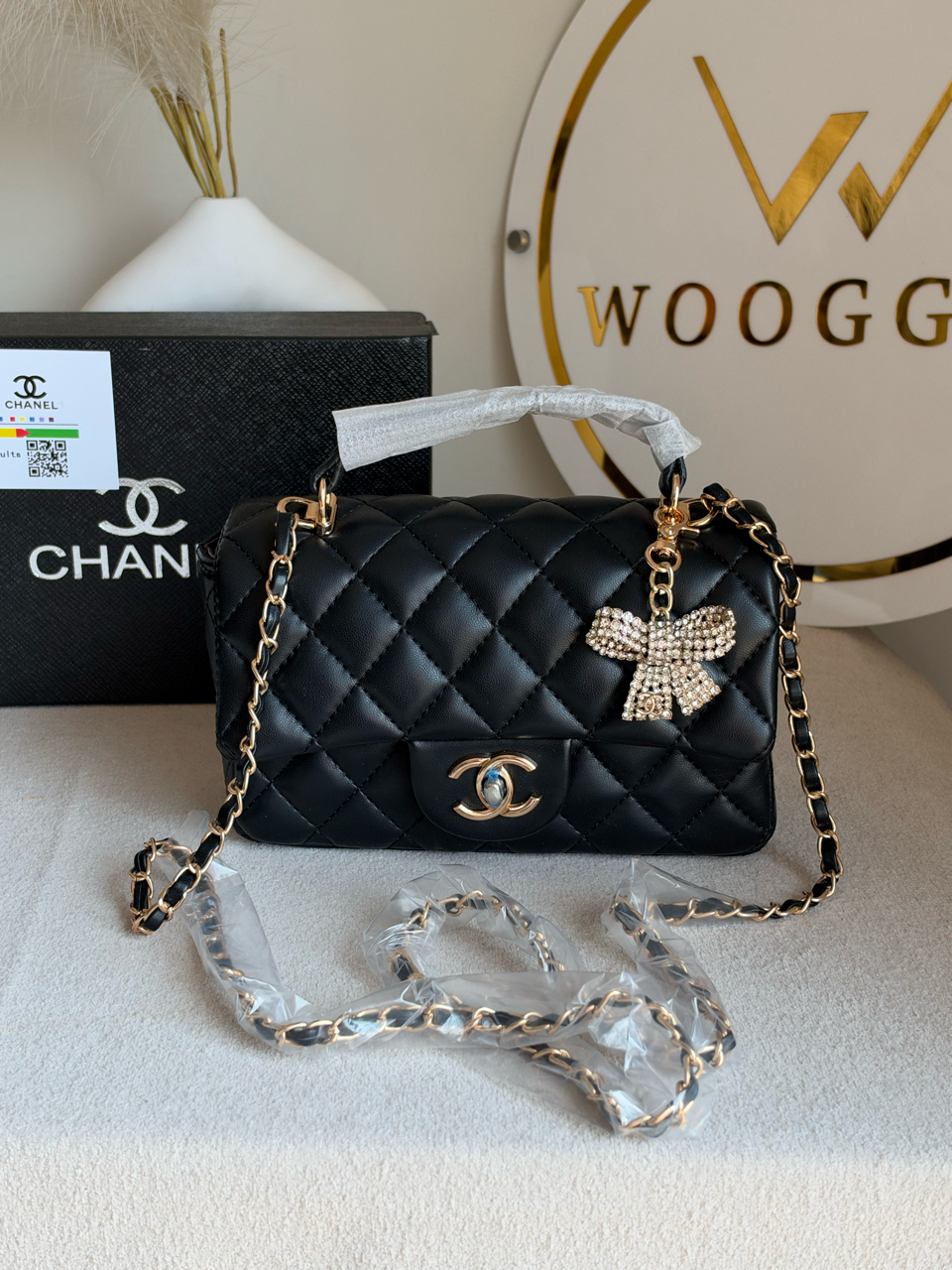 Daily Muse Quilted Crossbody Bag with Bow Charm & Box Packing - Black
