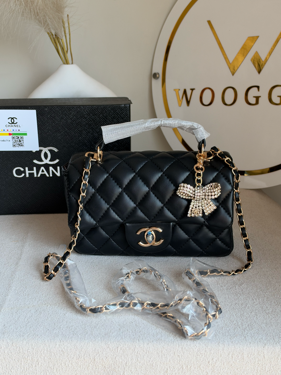 Daily Muse Quilted Crossbody Bag with Bow Charm & Box Packing - Black