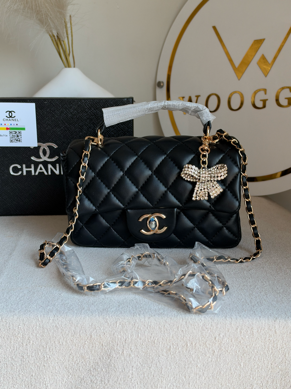 Daily Muse Quilted Crossbody Bag with Bow Charm & Box Packing - Black