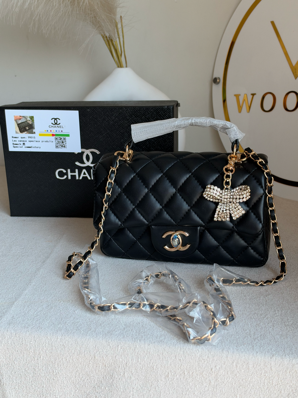 Daily Muse Quilted Crossbody Bag with Bow Charm & Box Packing - Black