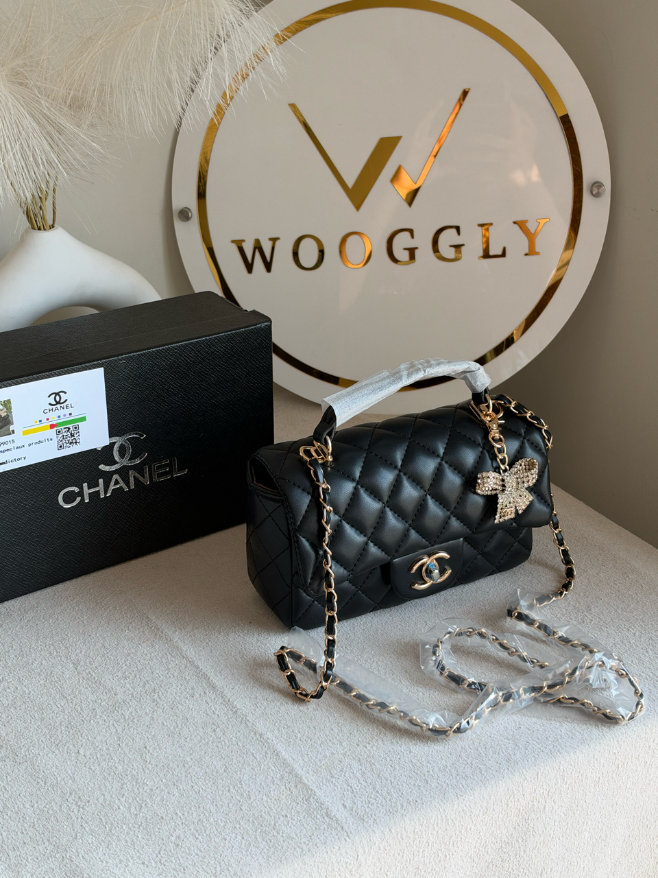 Daily Muse Quilted Crossbody Bag with Bow Charm & Box Packing - Black