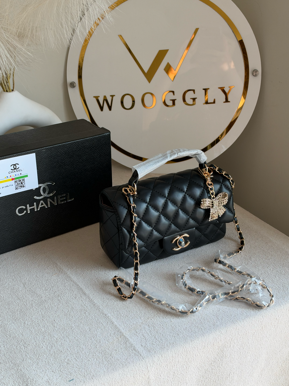 Daily Muse Quilted Crossbody Bag with Bow Charm & Box Packing - Black