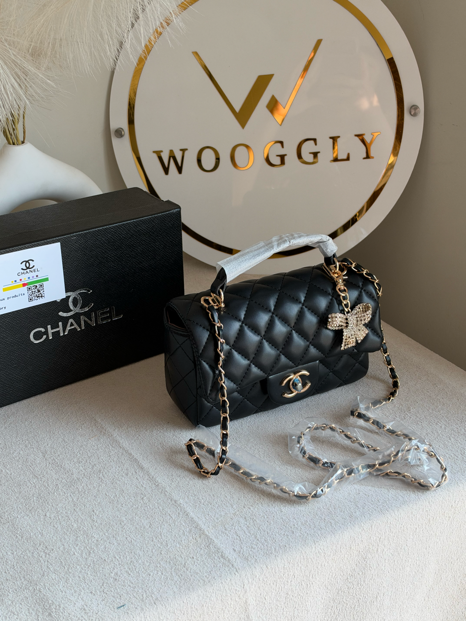 Daily Muse Quilted Crossbody Bag with Bow Charm & Box Packing - Black