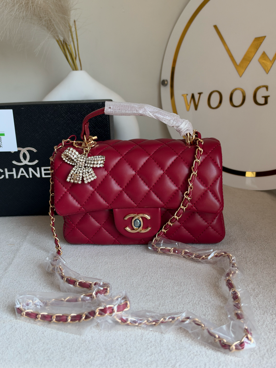 Daily Muse Quilted Crossbody Bag with Bow Charm & Box Packing - Maroon