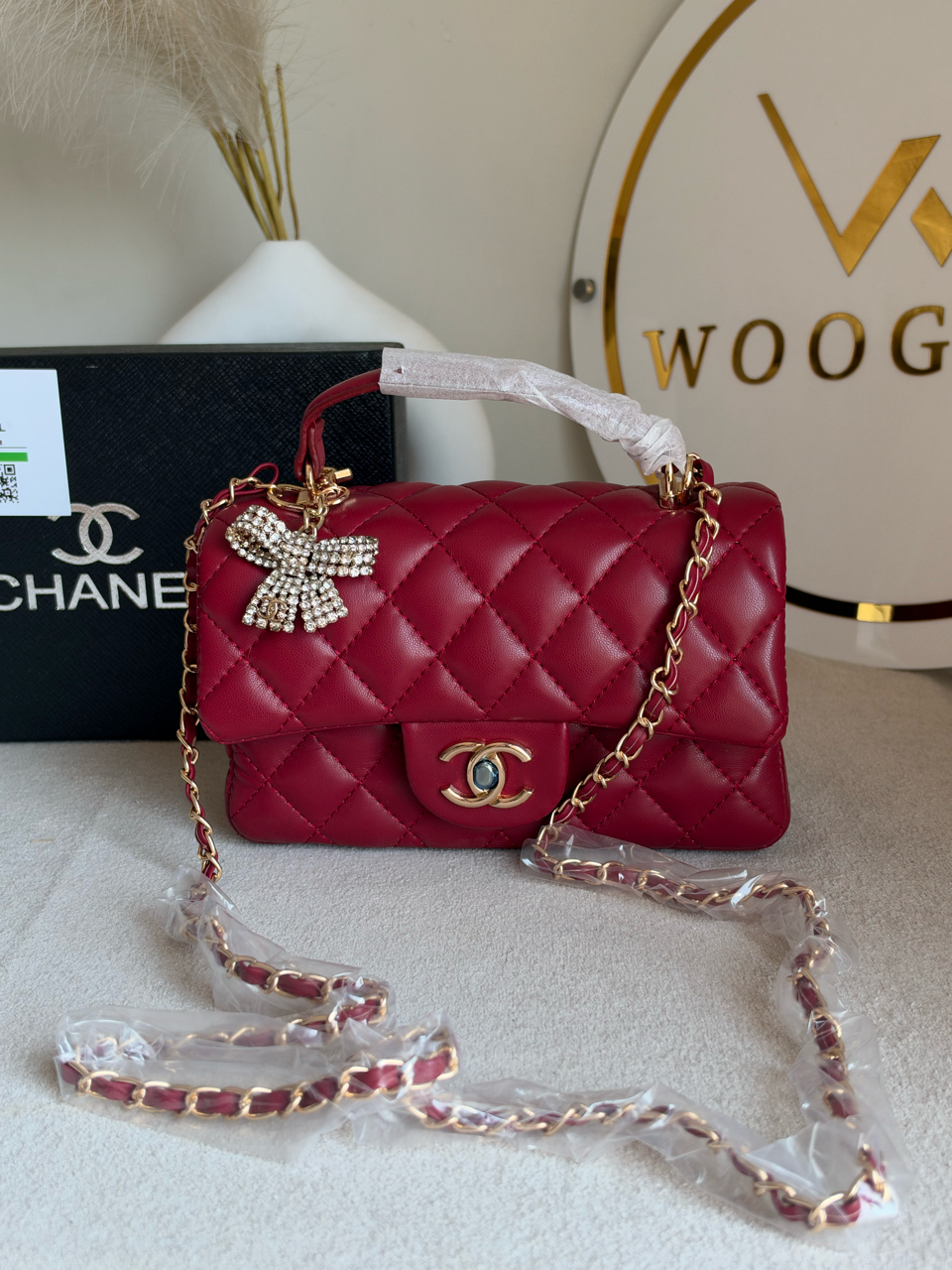 Daily Muse Quilted Crossbody Bag with Bow Charm & Box Packing - Maroon