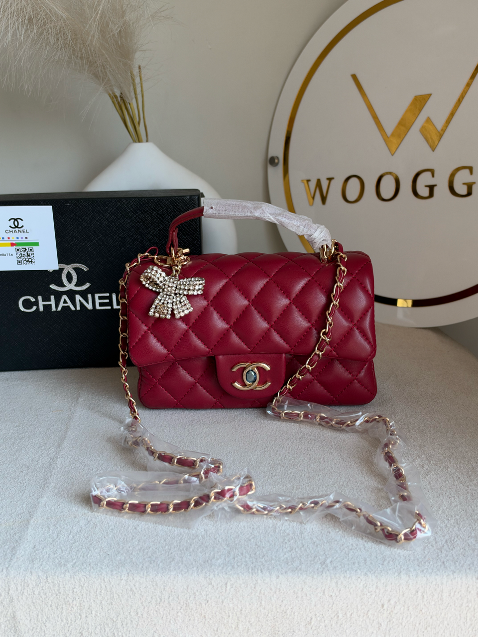 Daily Muse Quilted Crossbody Bag with Bow Charm & Box Packing - Maroon