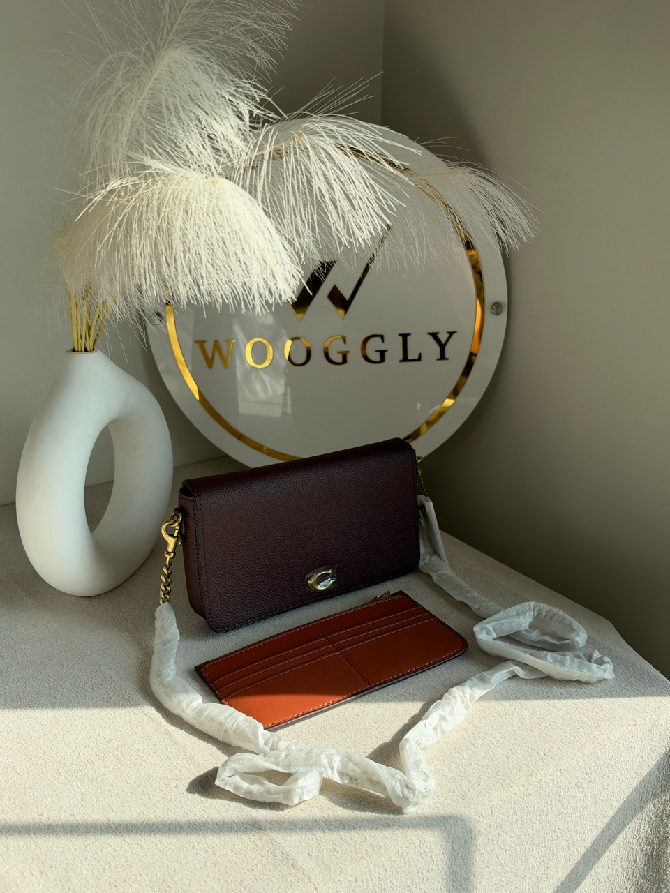 High Quality Crossbody Bag with Chain & Wallet - Deep Burgundy with Brown Wallet