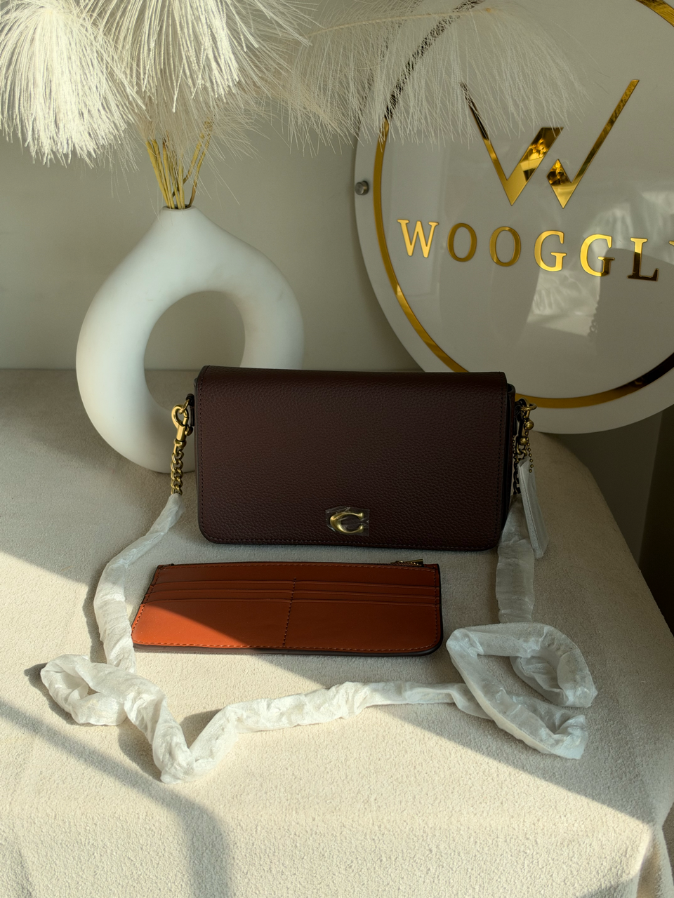 High Quality Crossbody Bag with Chain & Wallet - Deep Burgundy with Brown Wallet