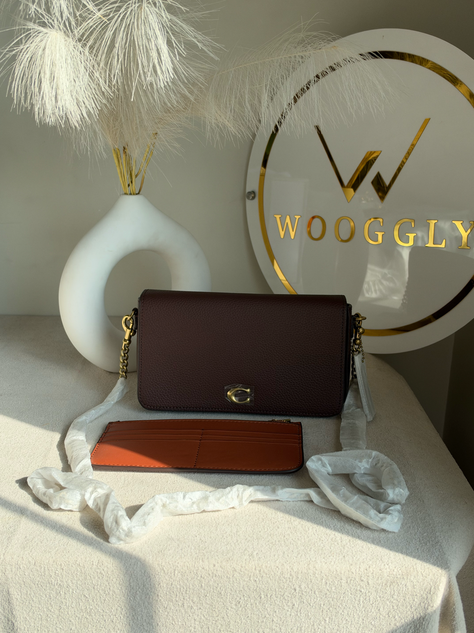 High Quality Crossbody Bag with Chain & Wallet - Deep Burgundy with Brown Wallet