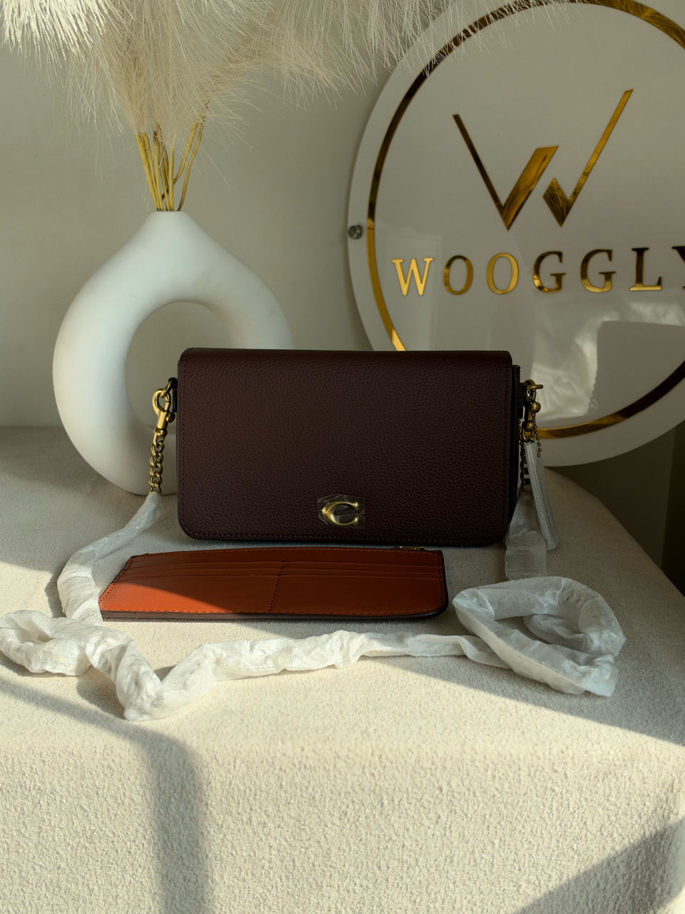 High Quality Crossbody Bag with Chain & Wallet - Deep Burgundy with Brown Wallet