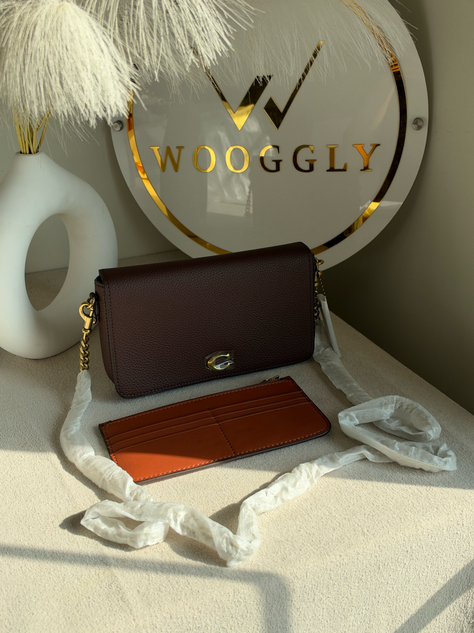 High Quality Crossbody Bag with Chain & Wallet - Deep Burgundy with Brown Wallet