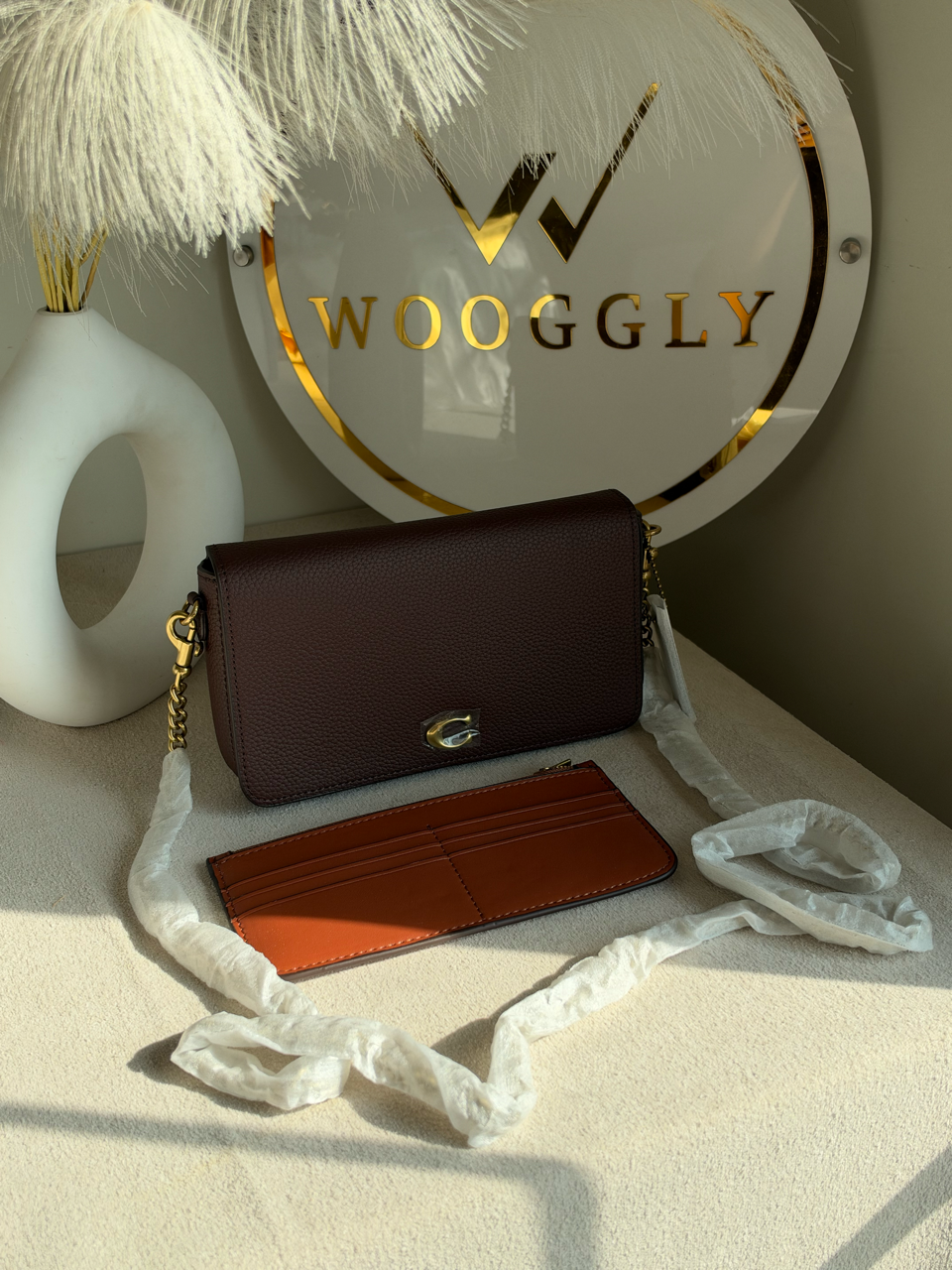 High Quality Crossbody Bag with Chain & Wallet - Deep Burgundy with Brown Wallet