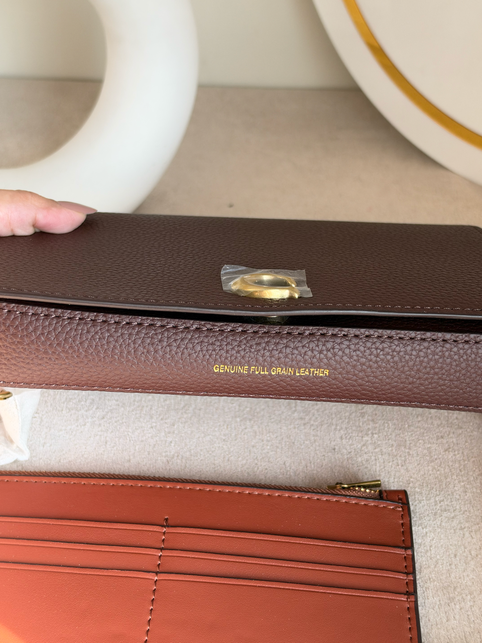 High Quality Crossbody Bag with Chain & Wallet - Deep Burgundy with Brown Wallet