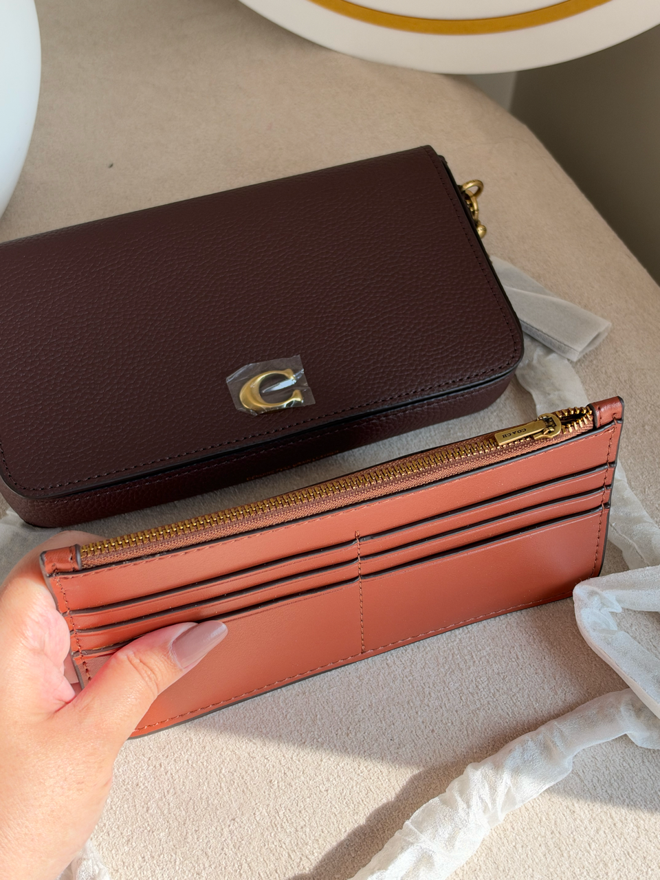 High Quality Crossbody Bag with Chain & Wallet - Deep Burgundy with Brown Wallet