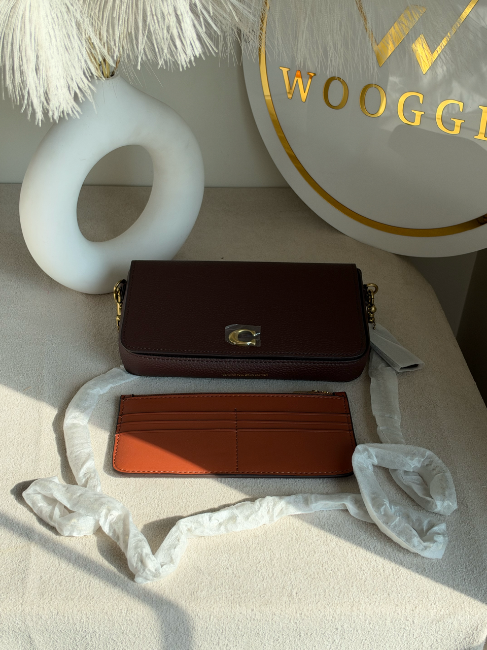 High Quality Crossbody Bag with Chain & Wallet - Deep Burgundy with Brown Wallet