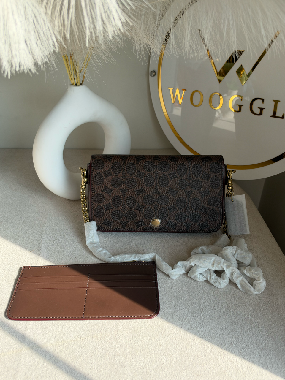 High Quality Crossbody Bag with Chain & Wallet - Brown