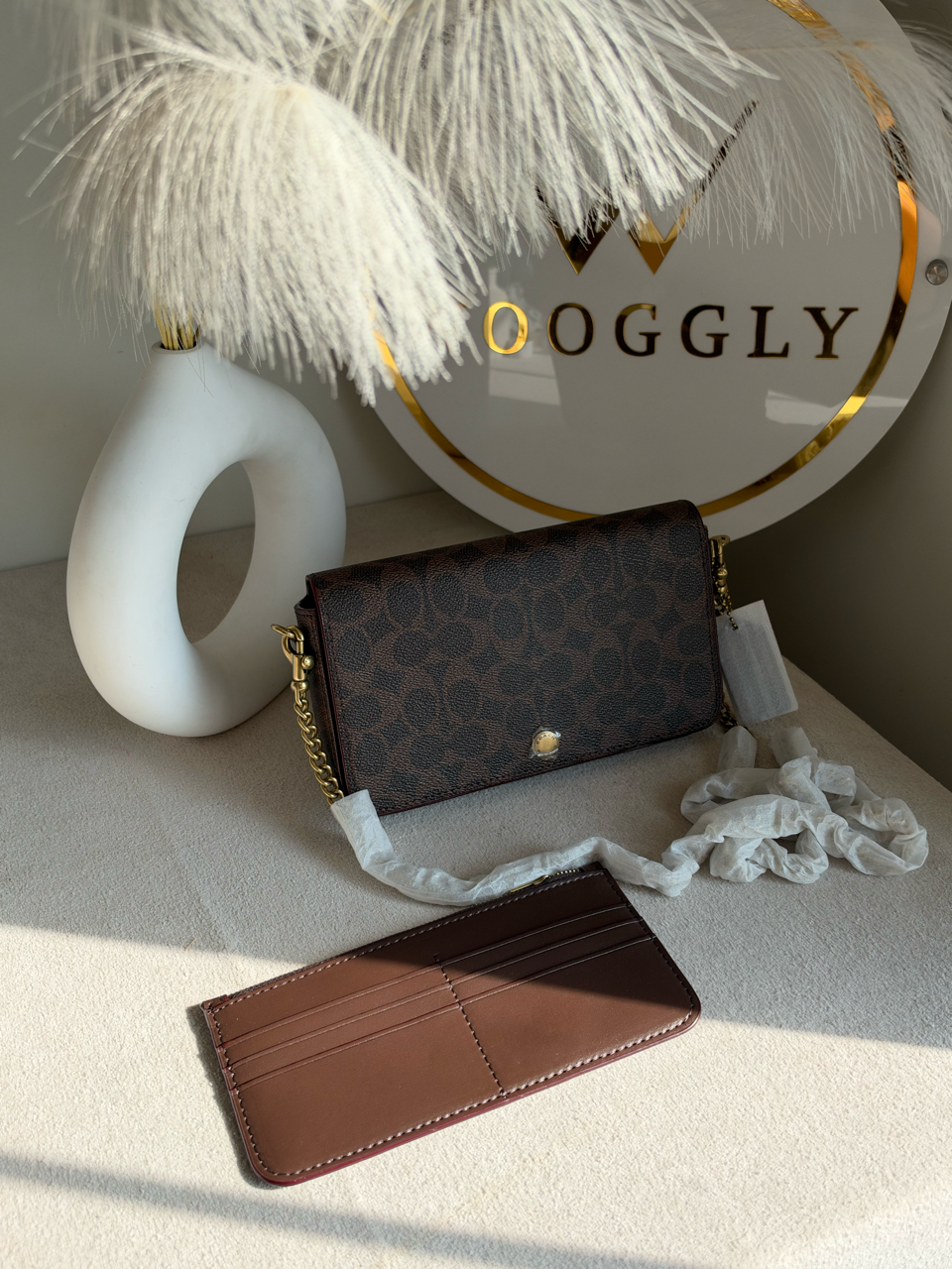 High Quality Crossbody Bag with Chain & Wallet - Brown