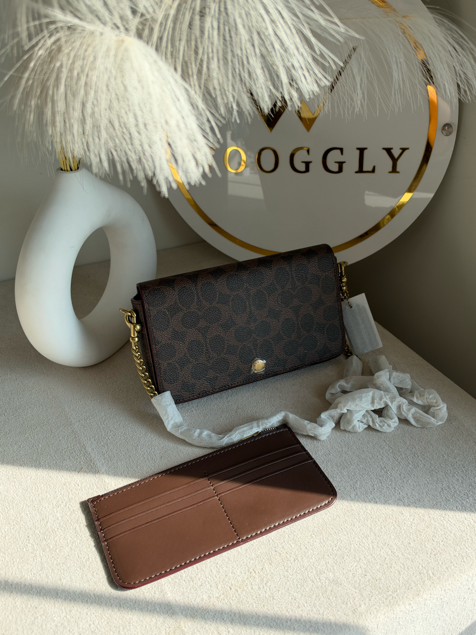 High Quality Crossbody Bag with Chain & Wallet - Brown