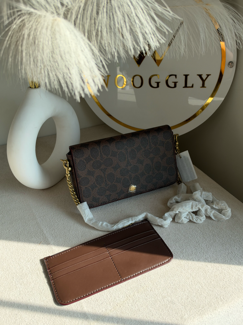 High Quality Crossbody Bag with Chain & Wallet - Brown