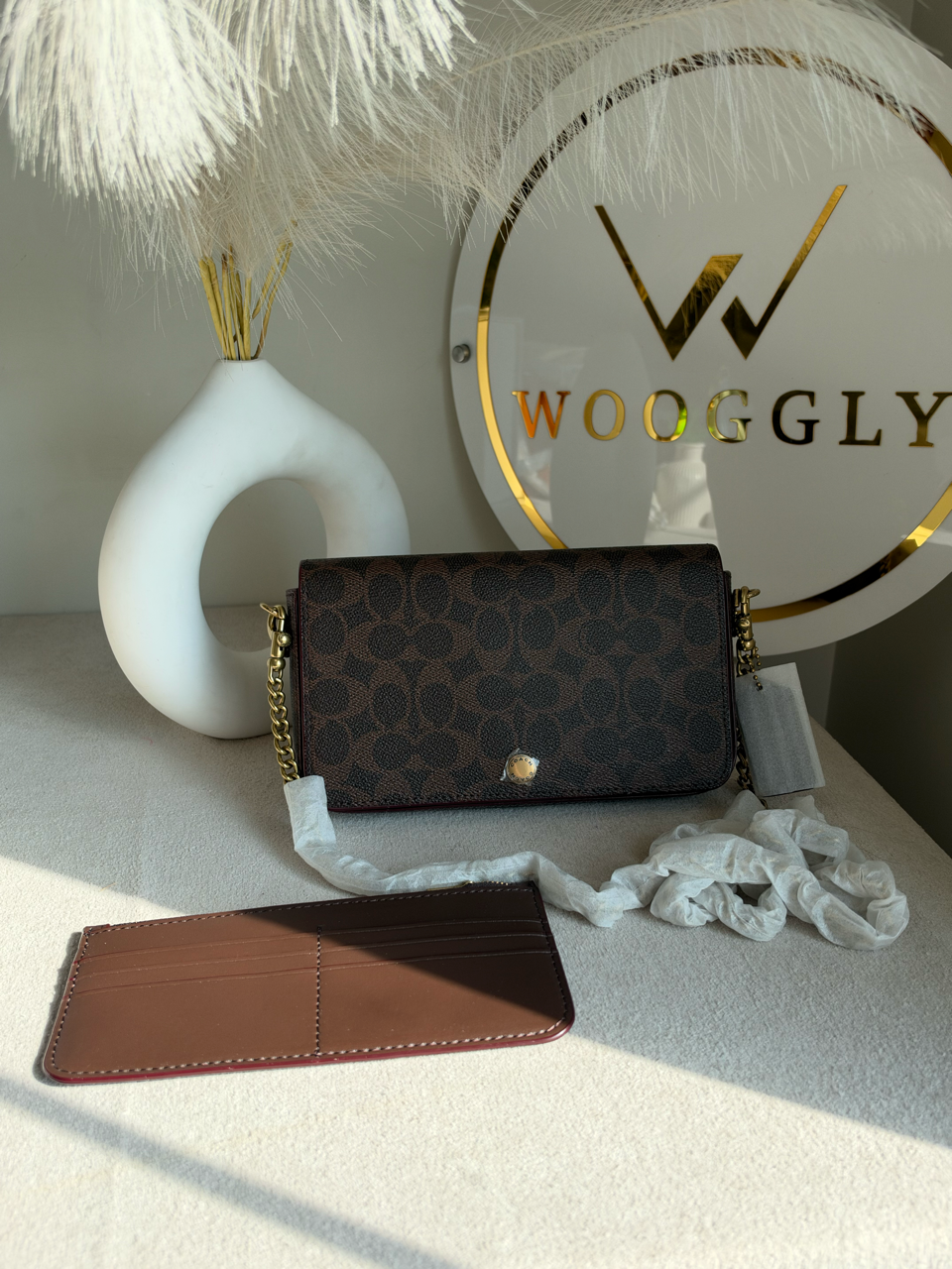High Quality Crossbody Bag with Chain & Wallet - Brown