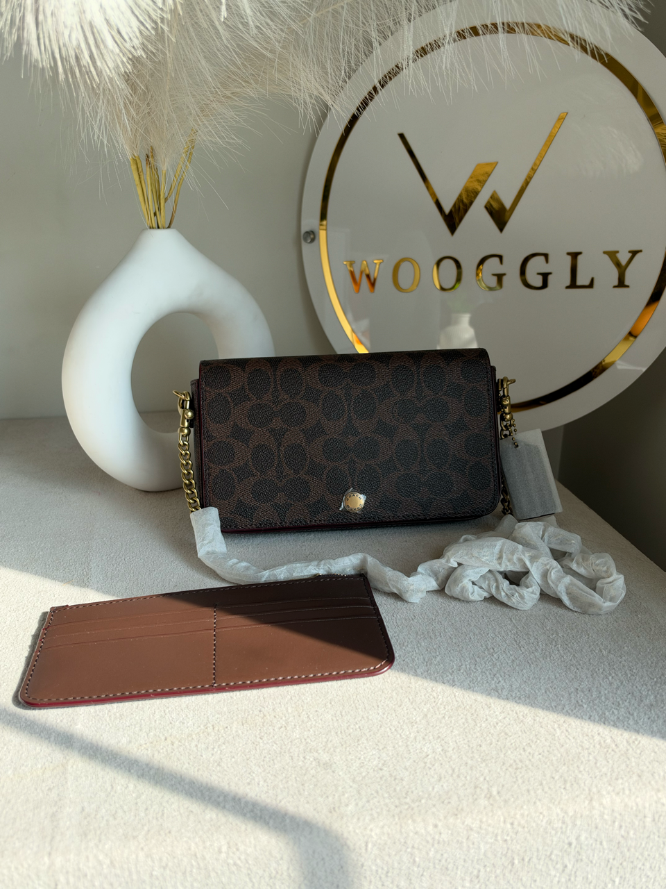 High Quality Crossbody Bag with Chain & Wallet - Brown