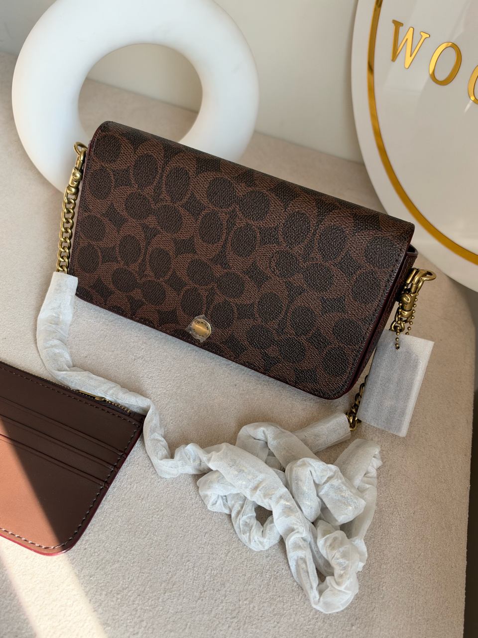 High Quality Crossbody Bag with Chain & Wallet - Brown