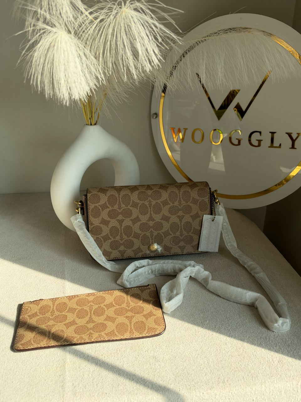 High Quality Crossbody Bag with Chain & Wallet - Beige & Brown