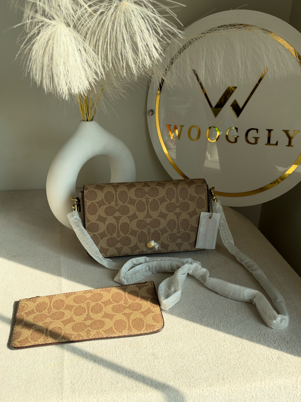 High Quality Crossbody Bag with Chain & Wallet - Beige & Brown