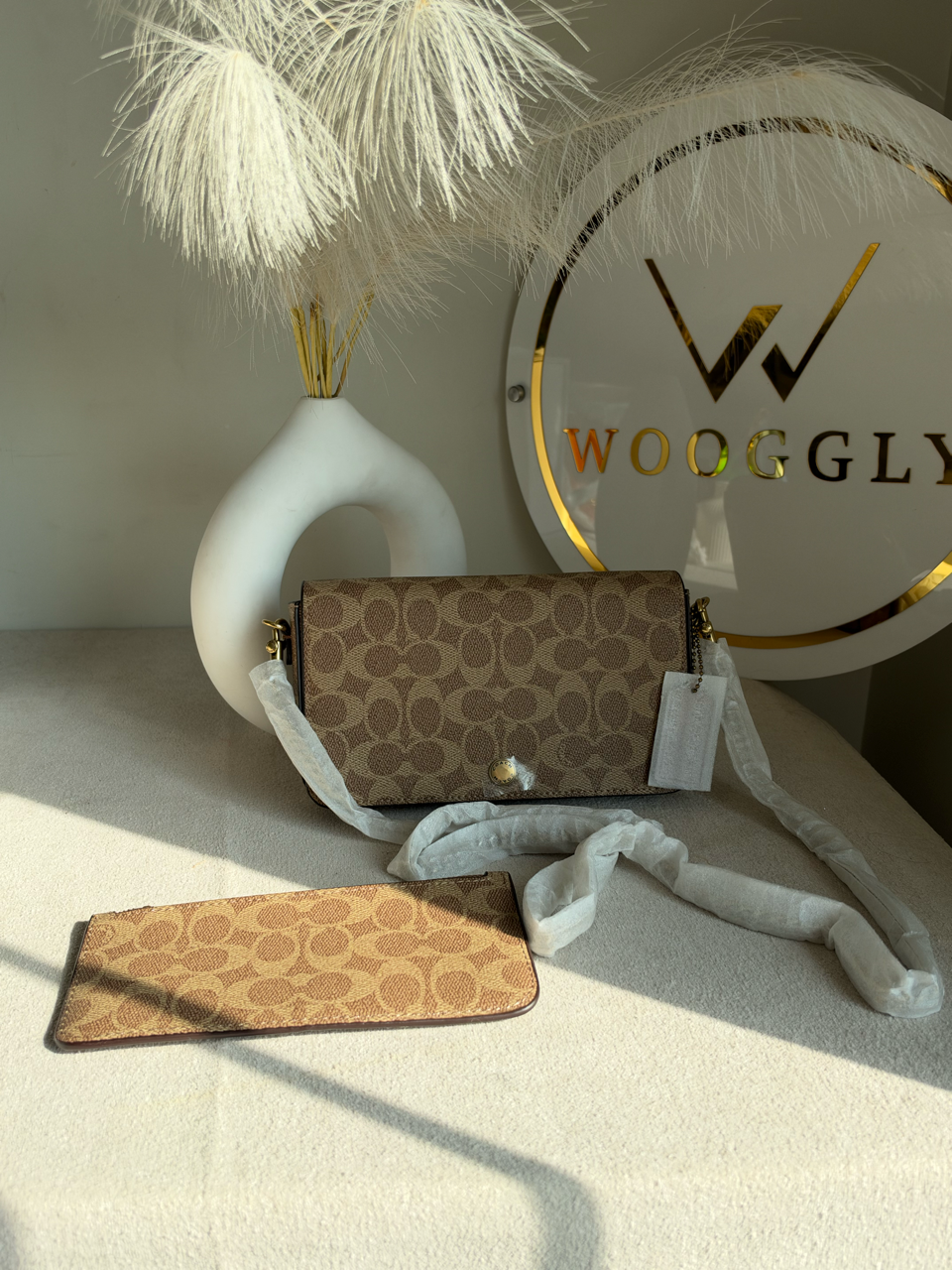 High Quality Crossbody Bag with Chain & Wallet - Beige & Brown