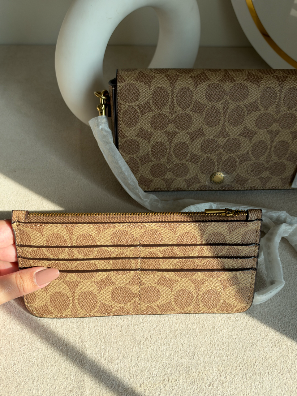 High Quality Crossbody Bag with Chain & Wallet - Beige & Brown