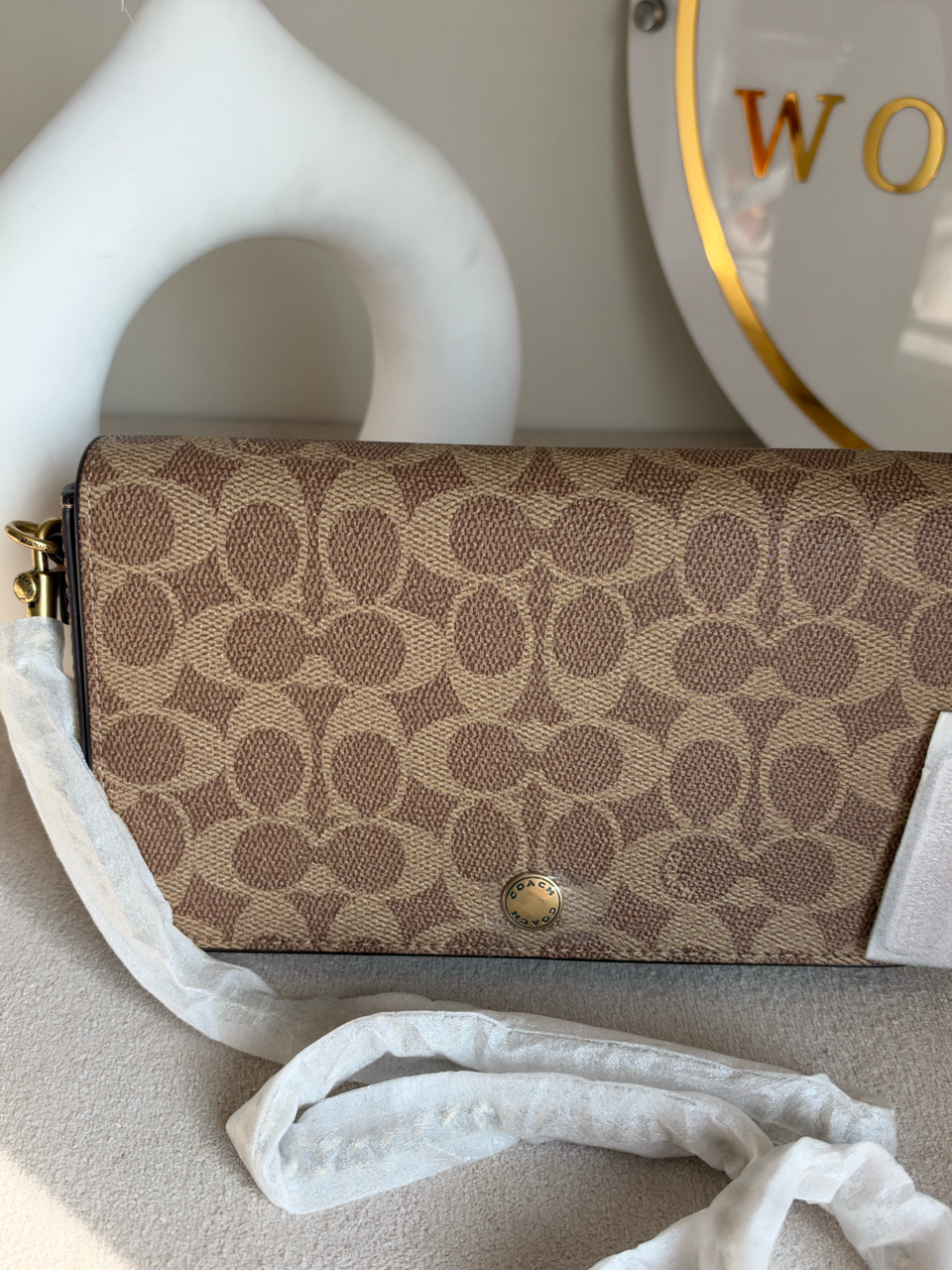 High Quality Crossbody Bag with Chain & Wallet - Beige & Brown