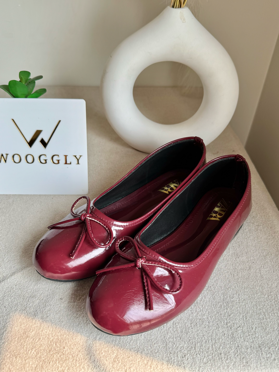 Zara Patent Bow Ballet Pumps – Cherry Burgundy