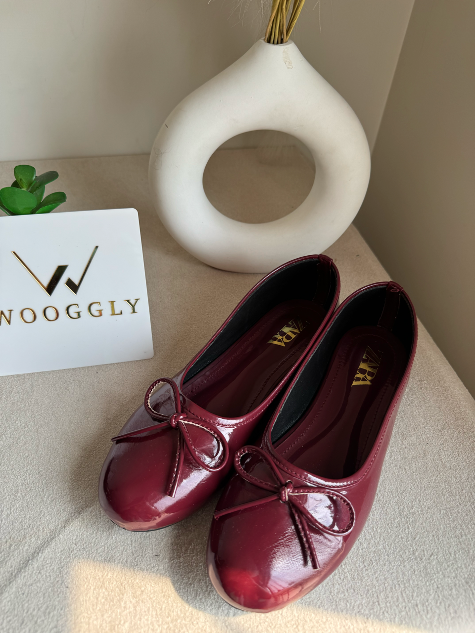 Zara Patent Bow Ballet Pumps – Cherry Burgundy