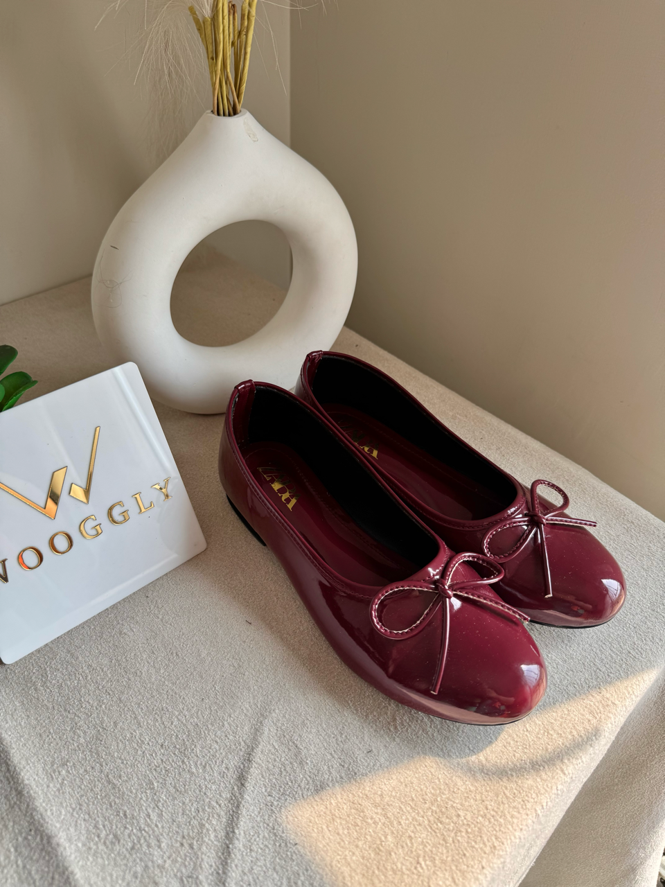 Zara Patent Bow Ballet Pumps – Cherry Burgundy