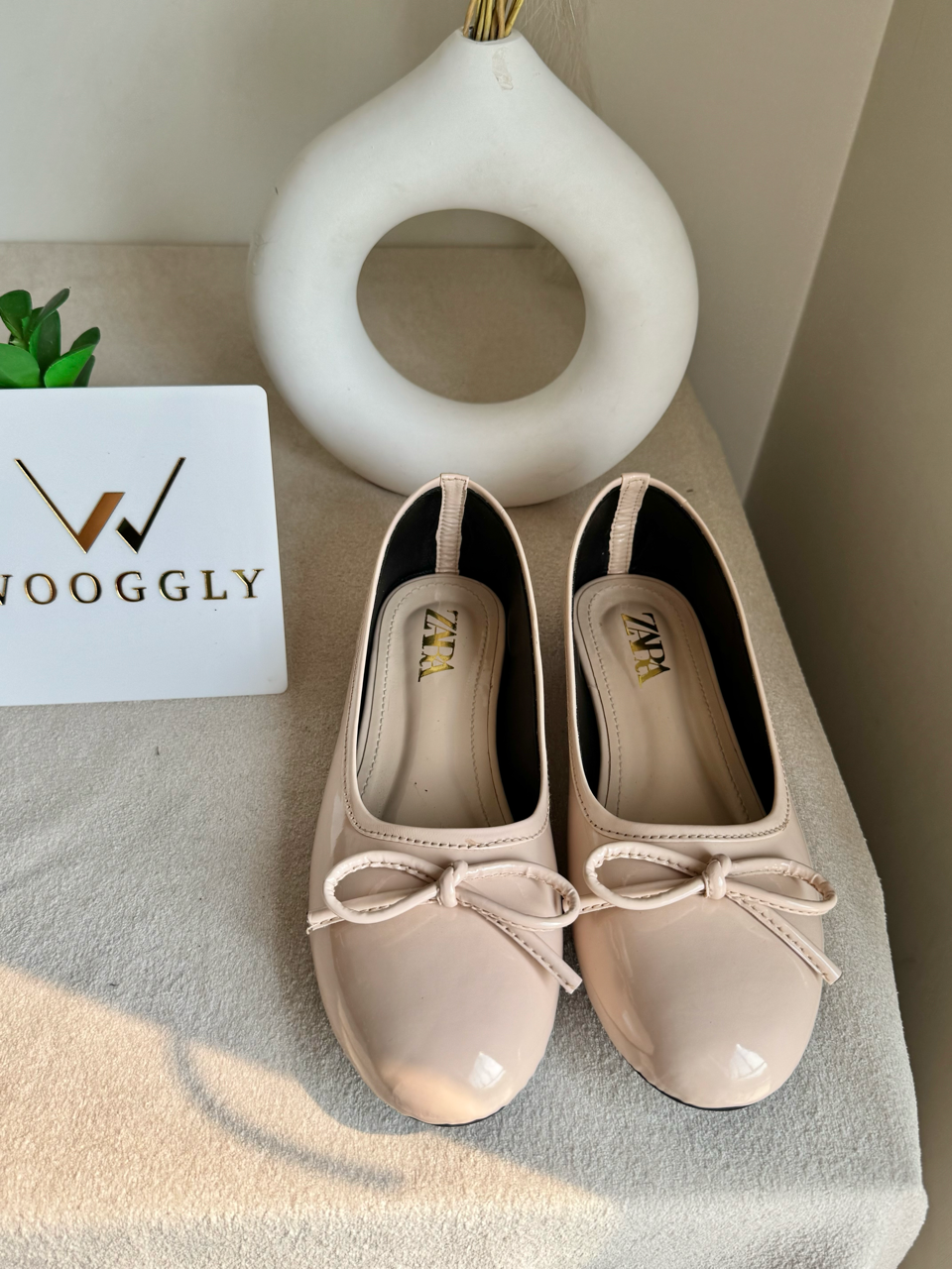 Zara Patent Bow Ballet Pumps – Soft Nude Beige