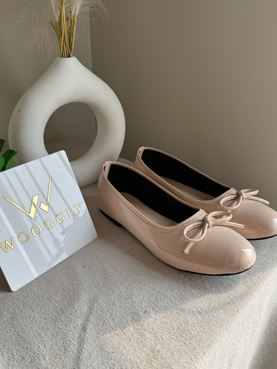 Zara Patent Bow Ballet Pumps – Soft Nude Beige
