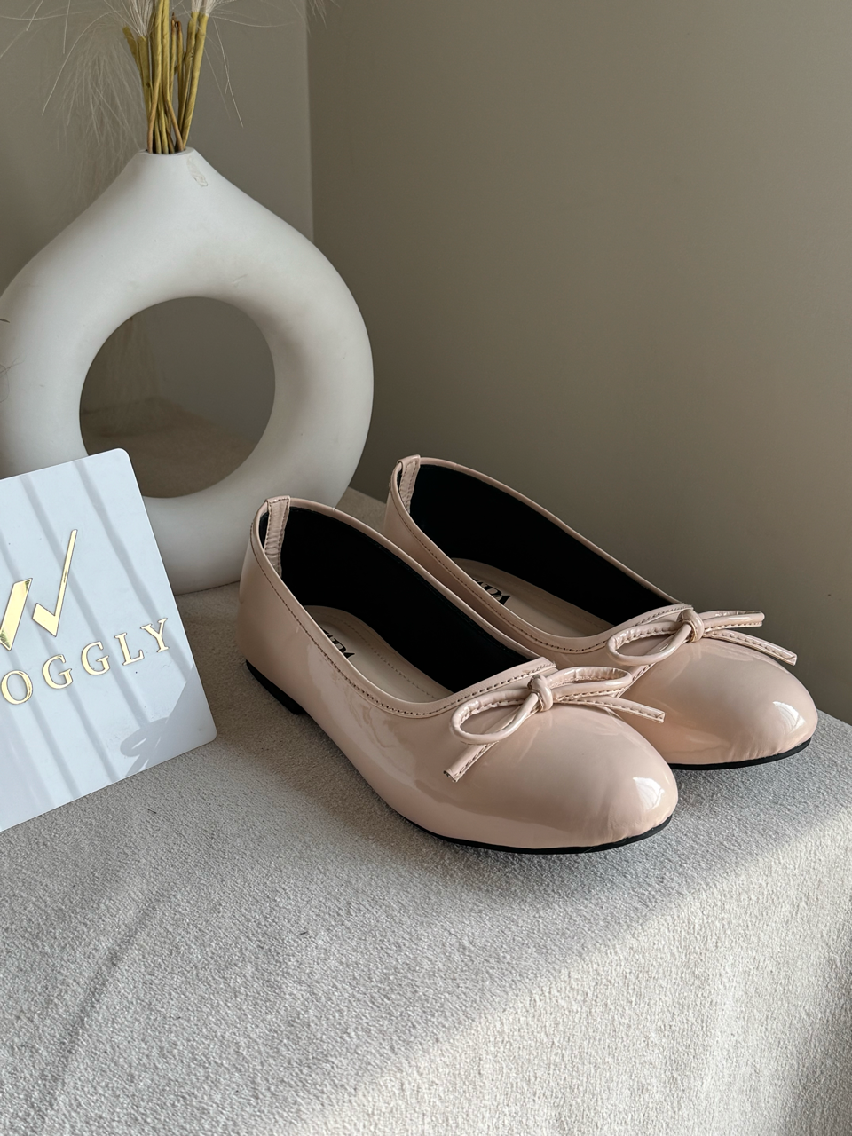 Zara Patent Bow Ballet Pumps – Soft Nude Beige