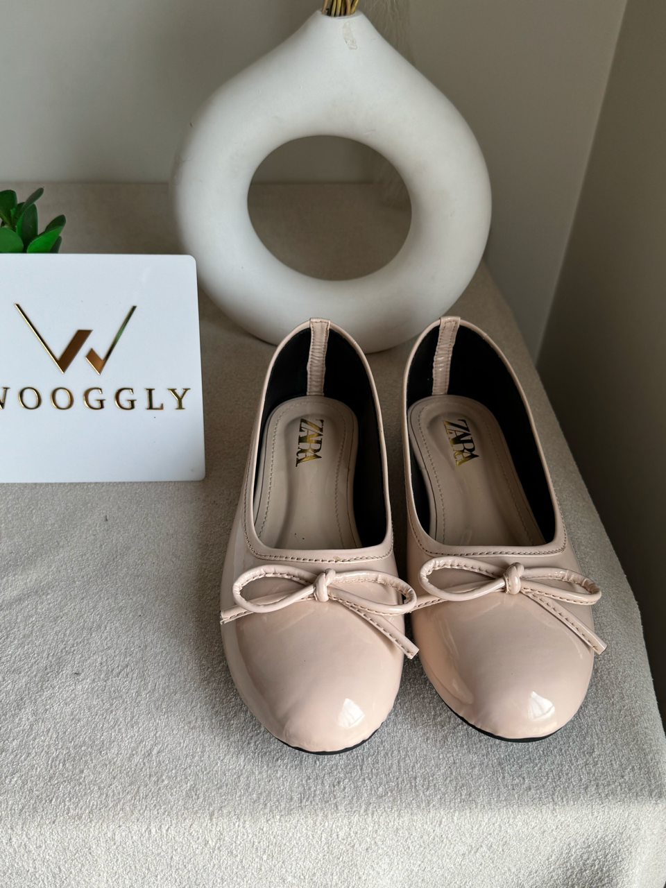 Zara Patent Bow Ballet Pumps – Soft Nude Beige