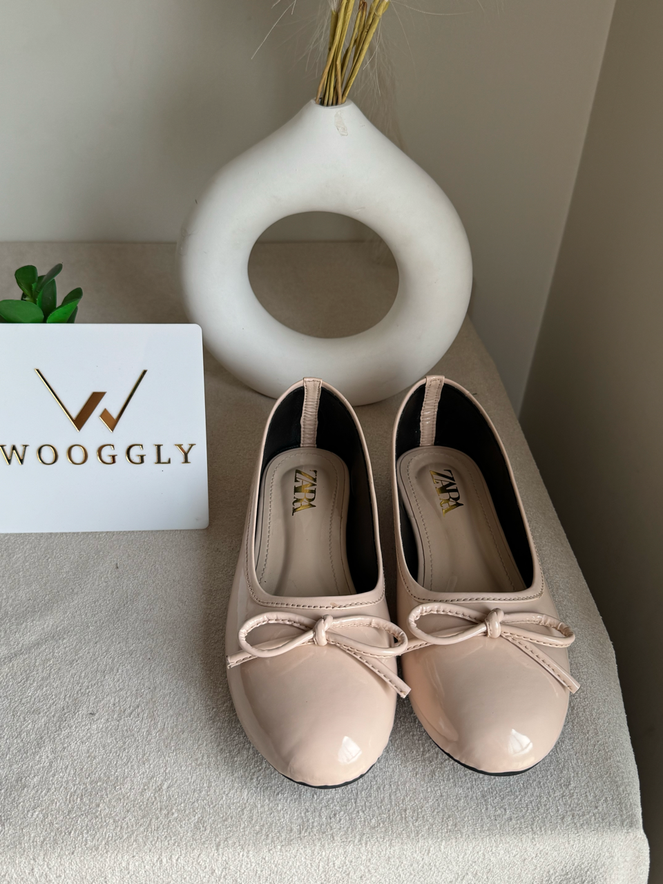 Zara Patent Bow Ballet Pumps – Soft Nude Beige