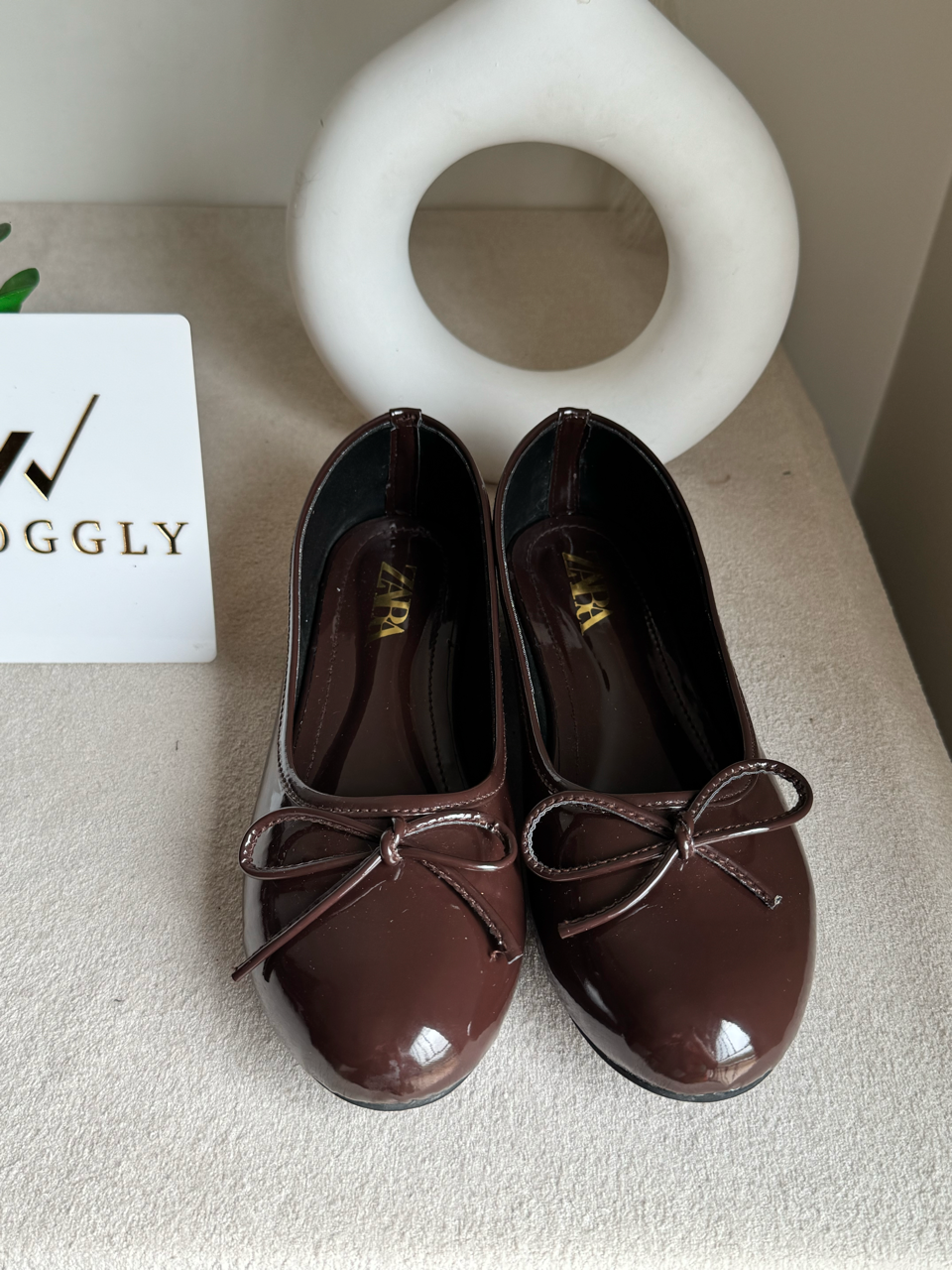 Zara Patent Bow Ballet Pumps – Brown
